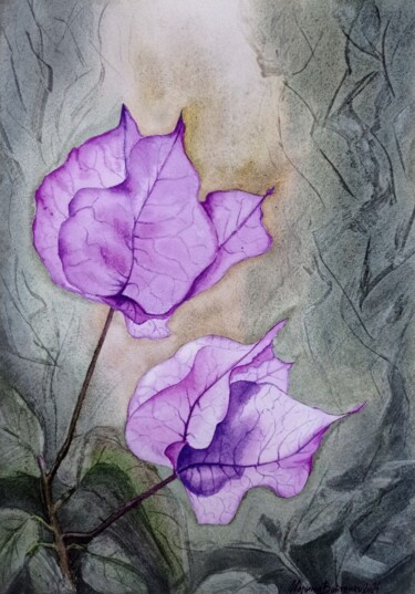 Malerei mit dem Titel "Bougainvillea" von Maryna Voitenko, Original-Kunstwerk, Aquarell