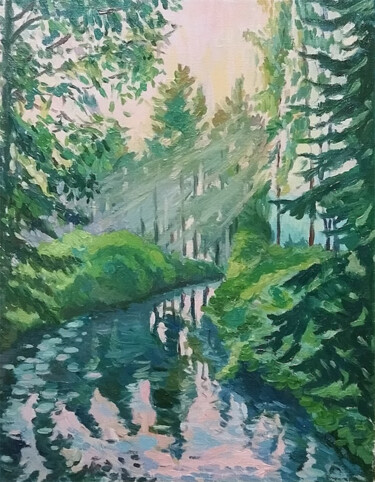 Painting titled "River path among fi…" by Sergey Demchishin, Original Artwork, Oil Mounted on Wood Stretcher frame