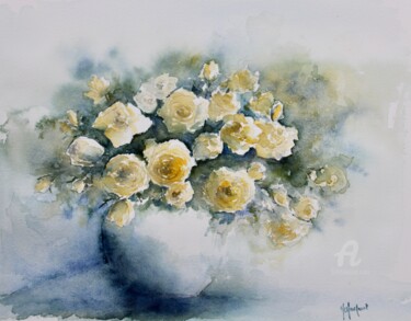 Peinture intitulée "Vase de roses jaunes" par Marie-Charlotte Houpeurt-Chauffeté, Œuvre d'art originale, Aquarelle