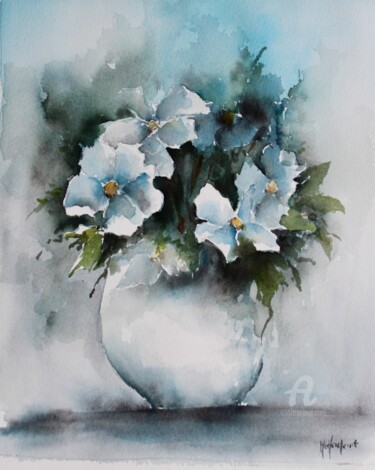 Peinture intitulée "vase de clématites" par Marie-Charlotte Houpeurt-Chauffeté, Œuvre d'art originale, Aquarelle