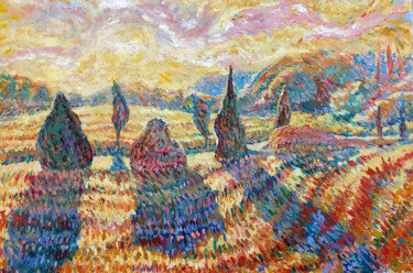 Картина под названием "Haystacks with shad…" - Aligadzhi Magomedov, Подлинное произведение искусства, Масло Установлен на Де…