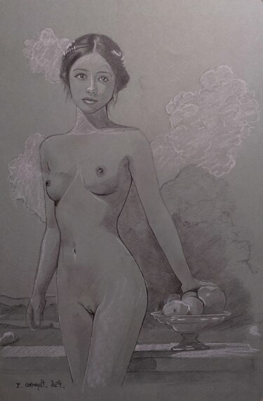 图画 标题为“La jeune fille à la…” 由Philippe Cormault, 原创艺术品, 铅笔