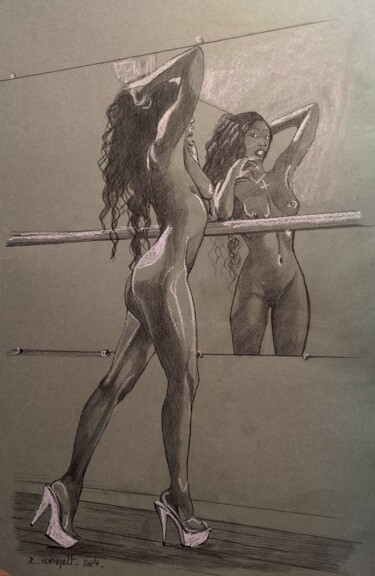 Drawing titled "Marie dans le miroir" by Philippe Cormault, Original Artwork, Pencil