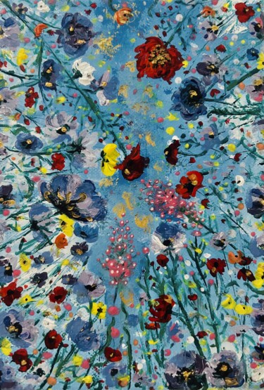 Painting titled "Blue Sky Flowers" by Violeta Allaberdieva, Original Artwork, Acrylic