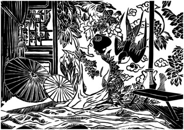 Printmaking titled "Гейша" by Vasiliy Pimenov, Original Artwork, Linocuts