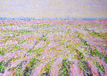Картина под названием "Pink Flower Field 3" - Iryna Kastsova, Подлинное произведение искусства, Акрил Установлен на Деревянн…
