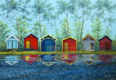 Pintura titulada "Les cabanes colorées" por Nathalie Si Pié, Obra de arte original, Oleo Montado en Bastidor de camilla de m…