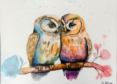 제목이 "Duo de chouettes"인 미술작품 Sandy Véran로, 원작, 수채화