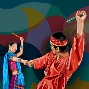 A vibrant scene depicts two dancers in traditional attire 数字艺术 标题为“A vibrant scene dep…” 由Shamim Shaikh, 原创艺术品, 2D数字工作