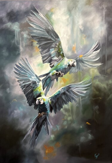 绘画 标题为““Parrots dance”” 由Kateryna Ponomarenko, 原创艺术品, 油 安装在木质担架架上