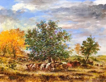 Painting titled "Flock of sheep" by Vagharshak Abrahamyan, Original Artwork, Oil Mounted on Wood Panel