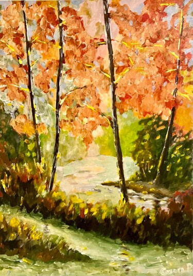 Painting titled "Laghetto nel bosco" by Cesare Papiccio, Original Artwork, Acrylic Mounted on Wood Stretcher frame