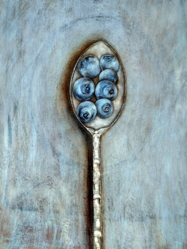 Painting titled "Spoon with blueberr…" by Hadzi Natalija Milutinovic, Original Artwork, Acrylic