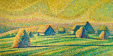 绘画 标题为“Haystacks and houses” 由Aligadzhi Magomedov, 原创艺术品, 油 安装在木质担架架上