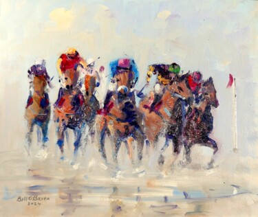 Schilderij getiteld "Horse Racing on Bea…" door Bill O'Brien, Origineel Kunstwerk, Olie Gemonteerd op Houten paneel