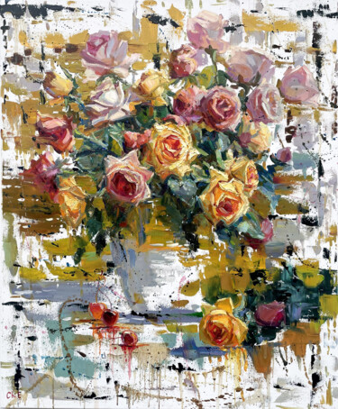 Bouquet with roses Painting titled "Bouquet with roses" by Evgeny Chernyakovsky, Original Artwork, Oil Mounted on Wood Stretcher frame