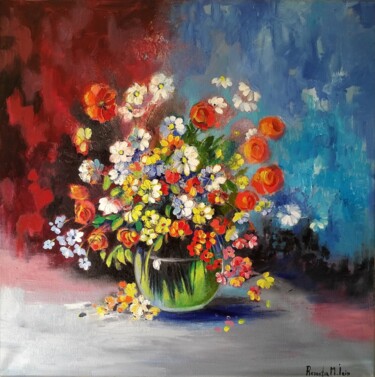 Painting titled "Bunch of Flowers -…" by Reneta Isin, Original Artwork, Oil Mounted on Wood Stretcher frame