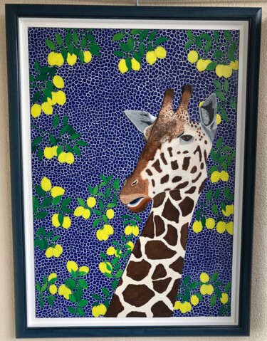 Peinture intitulée "Girafe aux citrons" par Frank Guillard, Œuvre d'art originale, Huile Monté sur Panneau de bois
