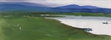 Painting titled "Earth green, lake w…" by Prashant Prabhu, Original Artwork, Watercolor