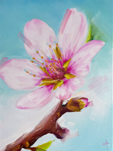 Painting titled "Cherry Flower" by Alexandra Danciu, Original Artwork, Oil Mounted on Wood Stretcher frame