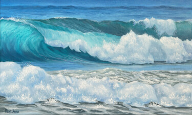 Painting titled "Ocean beach wave" by Inna Martynenko, Original Artwork, Oil Mounted on Wood Stretcher frame