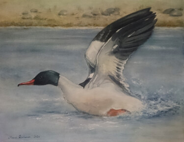 On the river Painting titled "On the river" by Mervi Korhonen, Original Artwork, Watercolor Mounted on Cardboard