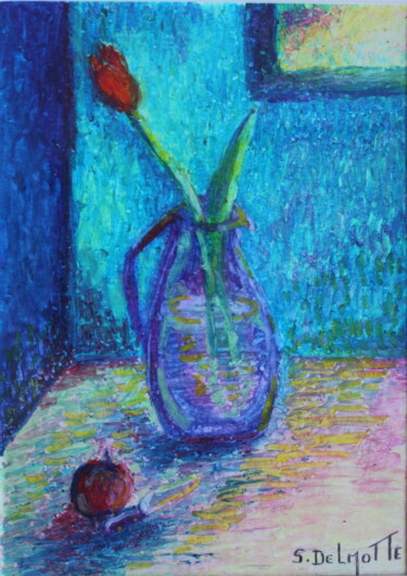 Painting titled "Tulipe et vase à la…" by Sabine Delmotte, Original Artwork, Pastel Mounted on Cardboard