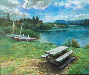 Peinture intitulée "有木凳的湖" par Toutu000, Œuvre d'art originale, Huile