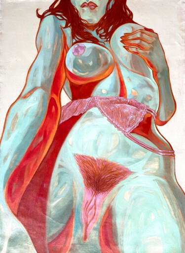 Selfie time: Green girl in pink lingerie Pittura intitolato "Selfie time: Green…" da Lola Marinn, Opera d'arte originale, Olio