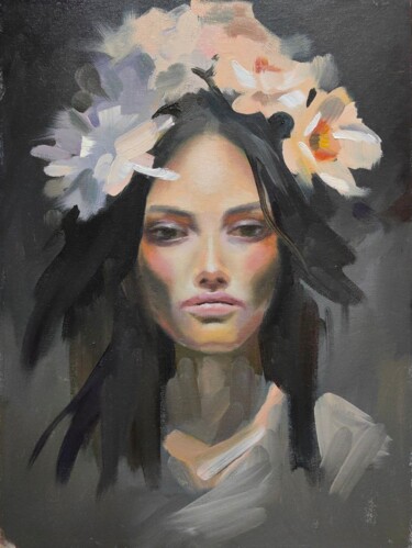 Painting titled "Дама" by Elena Skurnikova, Original Artwork, Oil Mounted on Cardboard