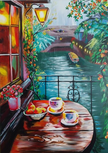 Pintura titulada "Terrasse am Fluss" por Larisa Pires, Obra de arte original, Acrílico