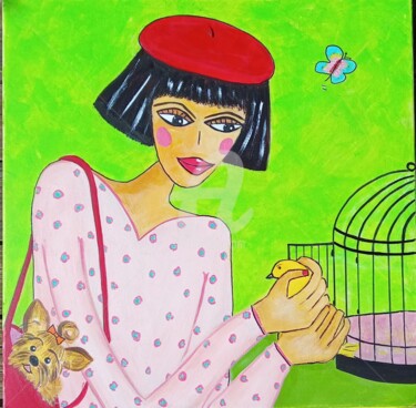 Peinture intitulée "Lolotte et l'oiseau" par Nicole Carretier, Œuvre d'art originale, Acrylique