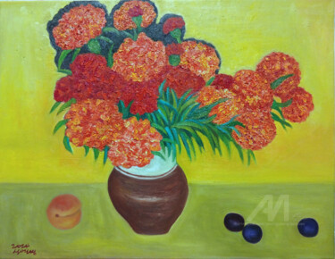Marigolds in a Rustic Vase: A Burst of Summer Glow 绘画 标题为“Marigolds in a Rust…” 由Yeon-Gyeong Seo (Seo), 原创艺术品, 油