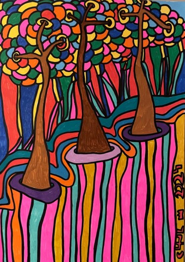 Dessin intitulée "Hanging trees" par Christophe Verger-Lecocq, Œuvre d'art originale, Marqueur