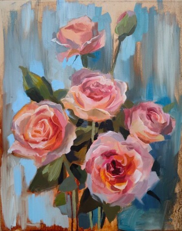Розы Painting titled "Розы" by Elena Skurnikova, Original Artwork, Oil Mounted on Wood Stretcher frame