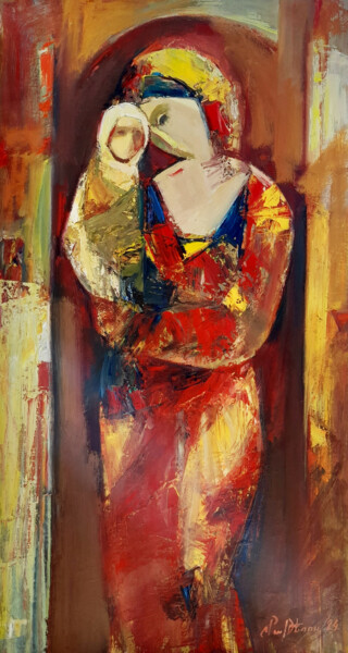 绘画 标题为“In Mother's Arms” 由Mateos Sargsyan, 原创艺术品, 油 安装在木质担架架上