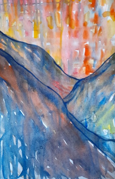 Painting titled "rain in the mountai…" by Alexey Zhucovsky, Original Artwork, Watercolor