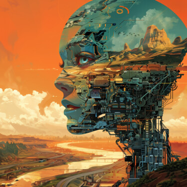 Digital Arts titled "ROBOT GAL" by Pointless Pixels, Original Artwork, AI generated image Mounted on Wood Stretcher frame