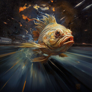 Digital Arts titled "fish_crossing_a_nig…" by Pointless Pixels, Original Artwork, AI generated image Mounted on Wood Stretch…
