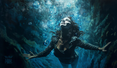 Digital Arts titled "Big Blue" by Pointless Pixels, Original Artwork, 2D Digital Work Mounted on Wood Stretcher frame