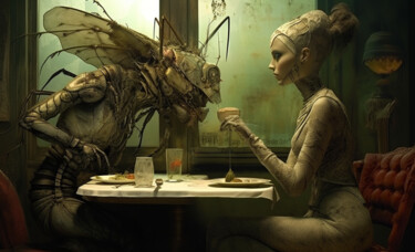 Digital Arts titled "Tinder Date" by Pointless Pixels, Original Artwork, AI generated image Mounted on Wood Stretcher frame