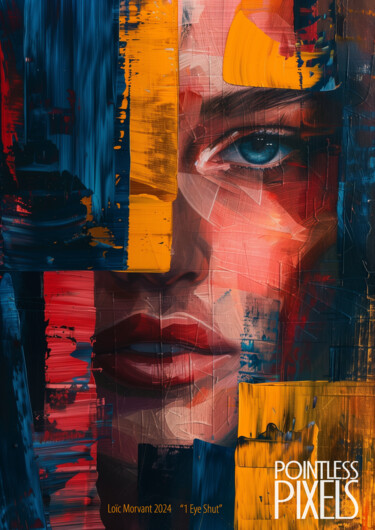 Digital Arts titled "1 Eye Shut" by Pointless Pixels, Original Artwork, AI generated image Mounted on Wood Stretcher frame