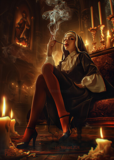 Digital Arts titled "Bad Habits V3" by Pointless Pixels, Original Artwork, AI generated image Mounted on Wood Stretcher frame