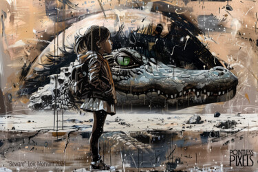 Digital Arts titled "BEWARE" by Pointless Pixels, Original Artwork, AI generated image Mounted on Wood Stretcher frame