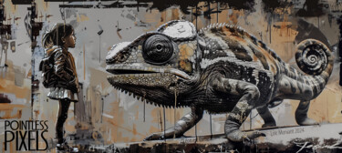Digital Arts titled "Chameleon" by Pointless Pixels, Original Artwork, AI generated image Mounted on Wood Stretcher frame