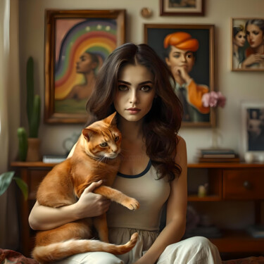 Arts numériques intitulée "Le Gros Chat Roux e…" par Karine Garelli (Reds Robin), Œuvre d'art originale, Image générée par l…