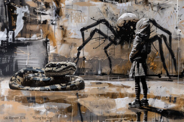 Digital Arts titled "Facing Your Fears" by Pointless Pixels, Original Artwork, AI generated image Mounted on Wood Stretcher…