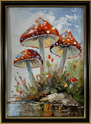 Painting titled "Fly agarics.#6. Lan…" by Vita Schagen, Original Artwork, Oil Mounted on Cardboard