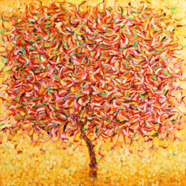 Painting titled "Apple tree" by Andrei Sitsko, Original Artwork, Oil Mounted on Wood Stretcher frame