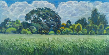 Painting titled "The rye is ripening" by Valerii Oliinyk, Original Artwork, Oil Mounted on Cardboard